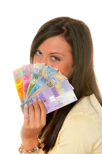Donna con franchi svizzeri — Foto Stock