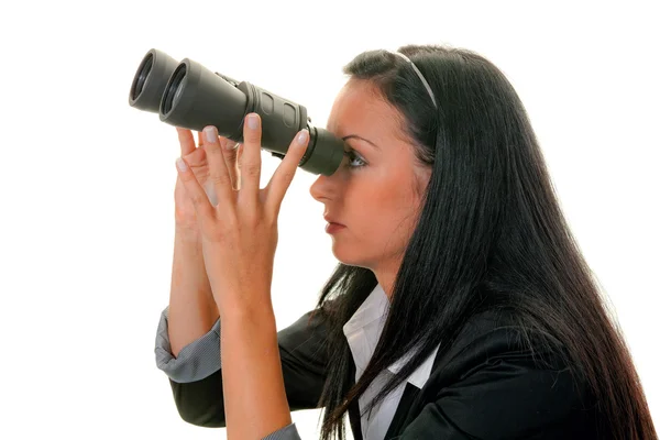 Mulher com binóculos olhando para o futuro — Fotografia de Stock