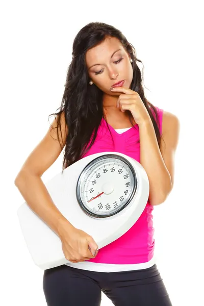 Mulher está insatisfeita com o peso corporal — Fotografia de Stock