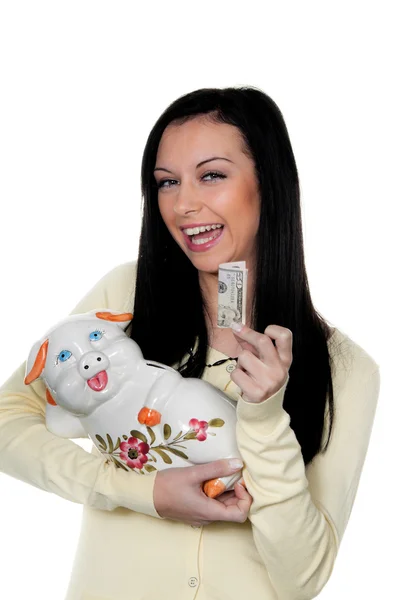 Kvinde med sparegris og dollarseddel. gem - Stock-foto