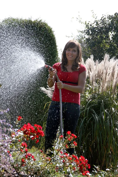 Женщина, заливающая цветы в саду — стоковое фото