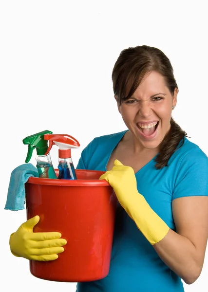Temizlikçi kadın temizleyici ile — Stok fotoğraf