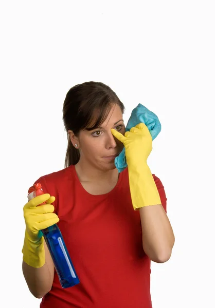Cleaning woman with cleanser — Stock Photo, Image