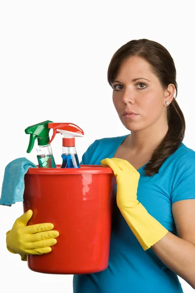 Cleaning woman with cleanser — Stock Photo, Image