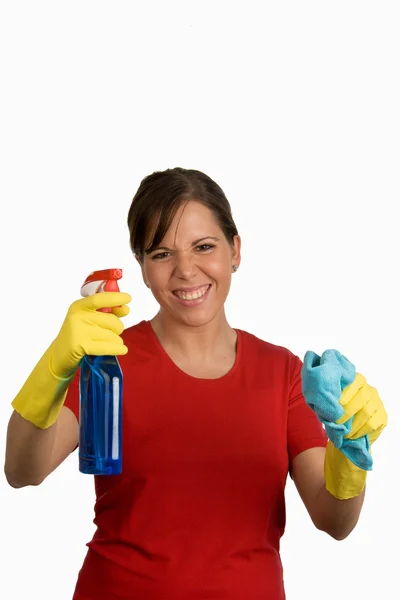 Mujer de limpieza con limpiador — Foto de Stock