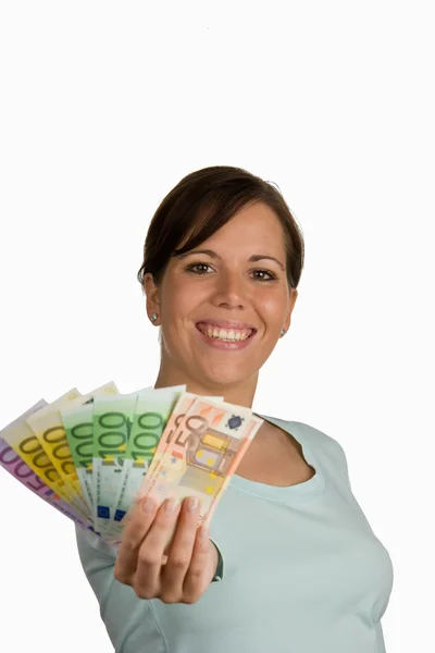 Жінка з європейськими грошима — стокове фото