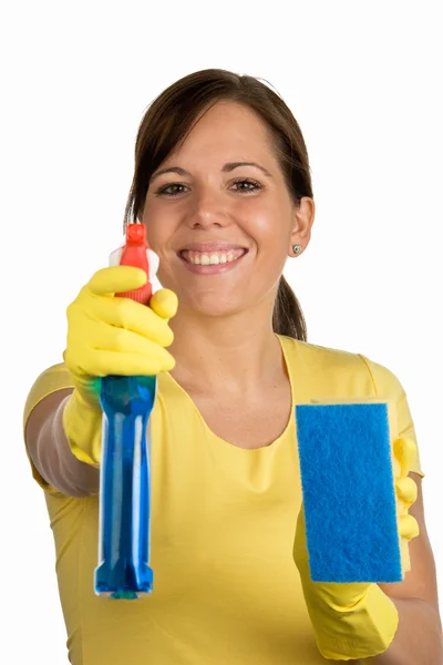 Temizlikçi kadın temizleyici ile — Stok fotoğraf