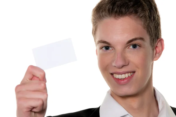 Successful young entrepreneurs with business card — Stock Photo, Image