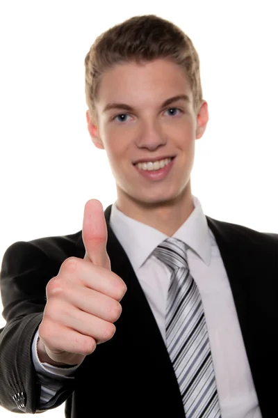 Succesvolle jonge man houdt omhoog duim — Stockfoto
