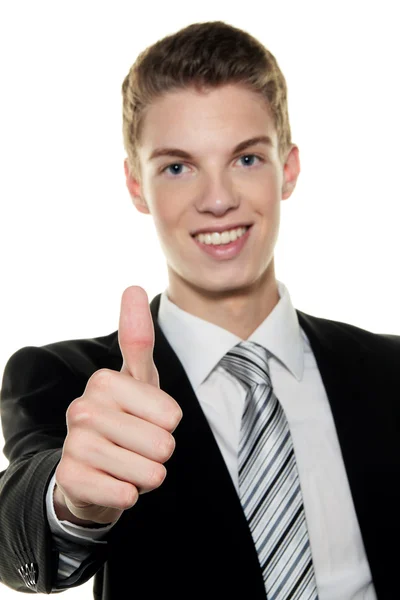 Succesvolle jonge man houdt omhoog duim — Stockfoto