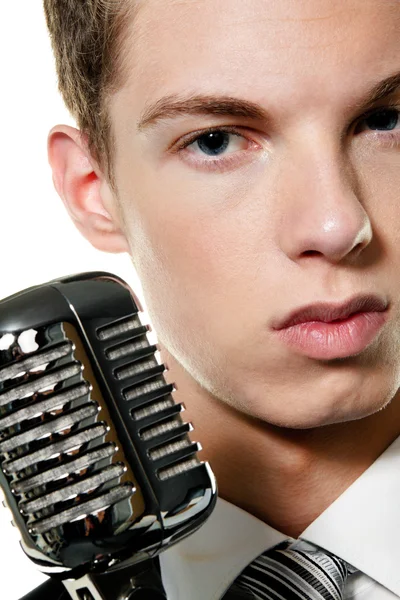 Young singer with retro mic — Stock Photo, Image