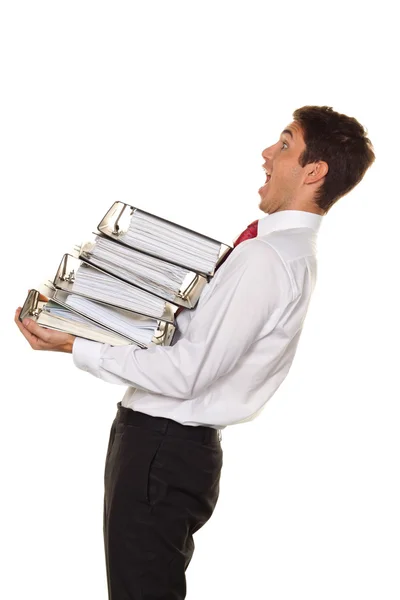 Manager in stress with stacks of files — Stock Photo, Image