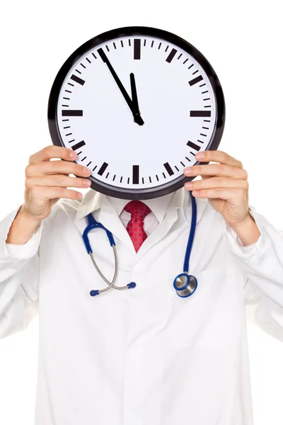 Relógio na frente do médico com cabeça de estresse . — Fotografia de Stock