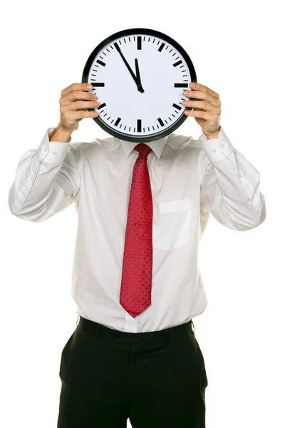 Relógio gerente na frente da cabeça com estresse . — Fotografia de Stock