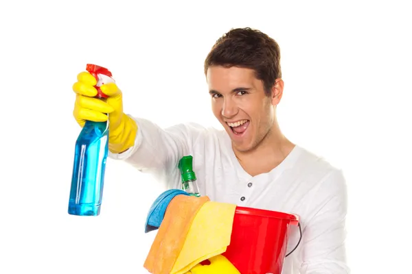 Férfi tisztító folyadék. tisztítás a lakás. — Stock Fotó