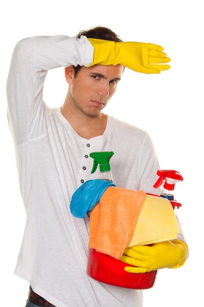 Man with cleaning fluid. cleaning the apartment. — Stock Photo, Image