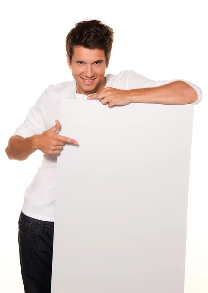 Man with blank panel for information — Stock Photo, Image