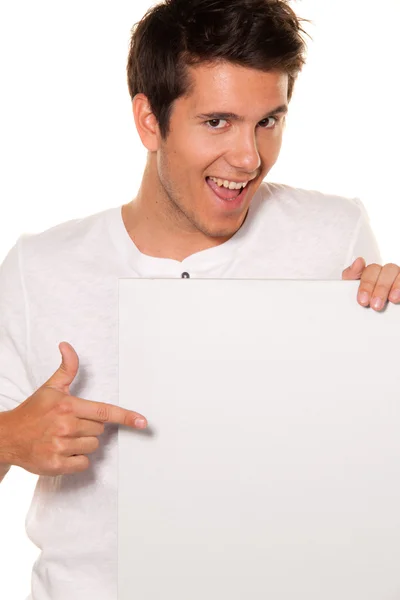 Man with blank panel for information — Stock Photo, Image