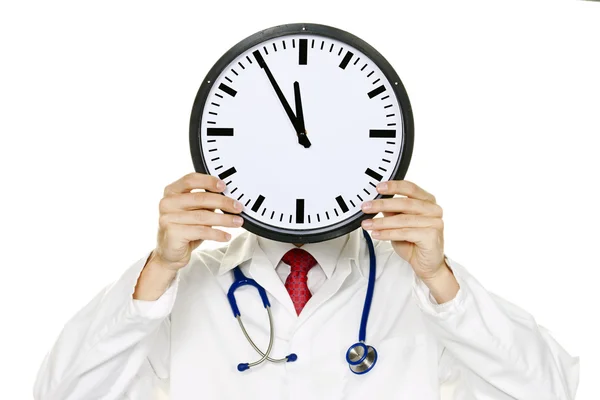 Γιατρός στρες μπροστά από το κεφάλι με ρολόι — Φωτογραφία Αρχείου