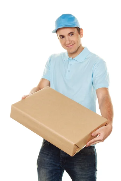 Mensageiro de mensageiro entrega pacote de serviço de correio — Fotografia de Stock