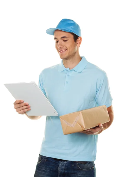 Mensageiro de mensageiro entrega pacote de serviço de correio — Fotografia de Stock