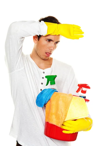 Man with cleaning fluid. cleaning the apartment. — Stock Photo, Image