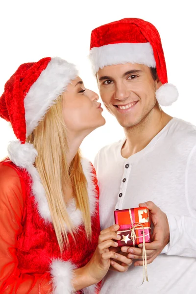 Dvojice na Vánoce s caps — Stock fotografie