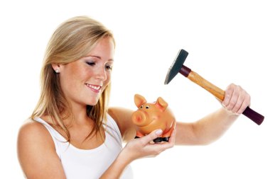 Young woman kills her piggy bank clipart