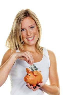 Young woman, to save money. dollar bill clipart