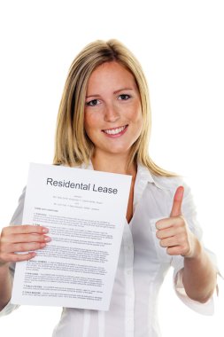 Woman with a rental agreement in english clipart
