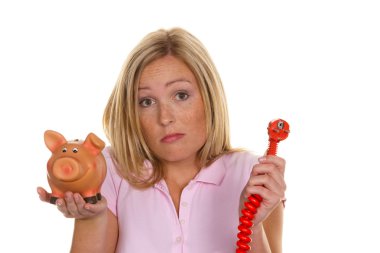 Woman with piggy bank and power plug clipart