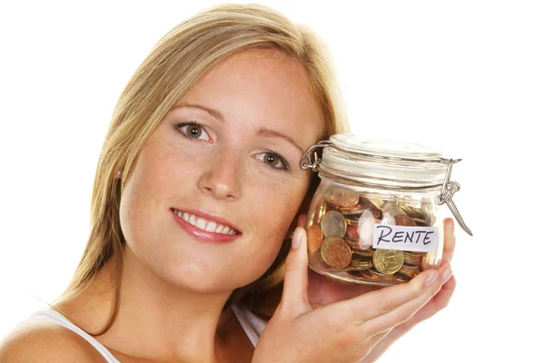 Młoda kobieta, aby zaoszczędzić pieniądze — Zdjęcie stockowe