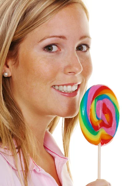 Kvinna med lollipop schlecker — Stockfoto