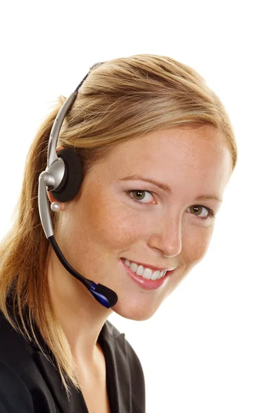 Kulaklık müşteri hizmetleri ile kadın — Stok fotoğraf