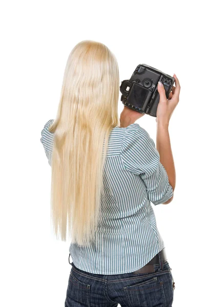 年轻女孩用数码相机 — 图库照片