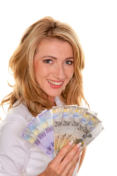 Woman with many swiss francs — Stock Photo, Image