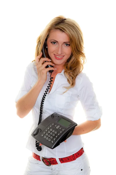 A telefon egy ügyfélszolgálat hotline nő — Stock Fotó