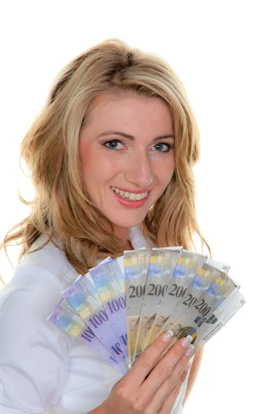 İsviçre Frangı banknot olan kadın — Stok fotoğraf
