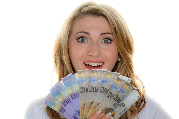 İsviçre Frangı banknot olan kadın — Stok fotoğraf