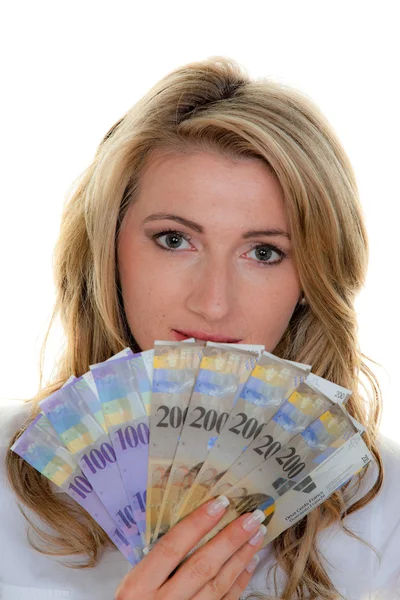 Woman with swiss franc banknotes — Stock Photo, Image