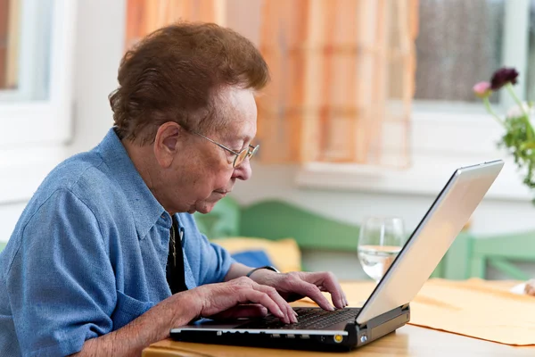 Aktive Seniorin mit Laptop in der Freizeit — Stockfoto