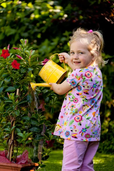 Enfant avec arrosage peut arroser les fleurs — Photo