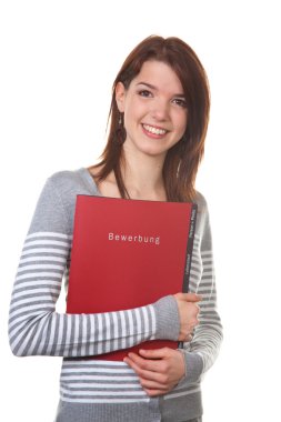 Woman with application portfolio for job interview clipart