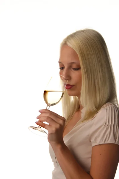Mulher com vinho branco — Fotografia de Stock