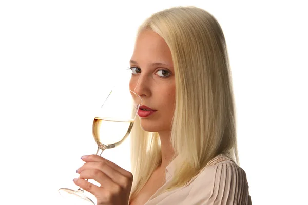 Mulher com vinho branco — Fotografia de Stock