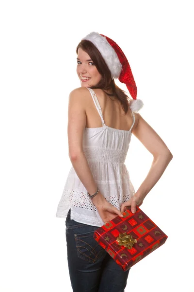 Ganska ung kvinna med Julpaket — Stockfoto