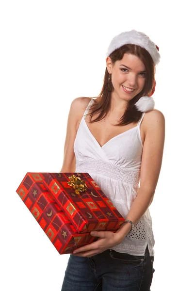 Bardzo młoda kobieta z Pakietem Bożonarodzeniowym — Zdjęcie stockowe