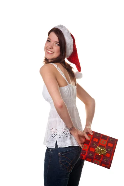 Όμορφης κοπέλας με χριστουγεννιάτικο πακέτο — Φωτογραφία Αρχείου