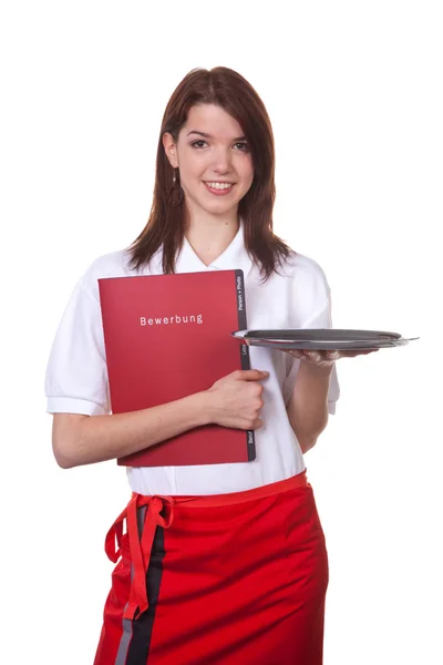 Молода офіціантка з текою програми — стокове фото