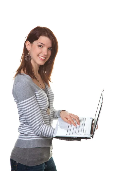 Éxito joven sonriente mujer con ordenador portátil —  Fotos de Stock